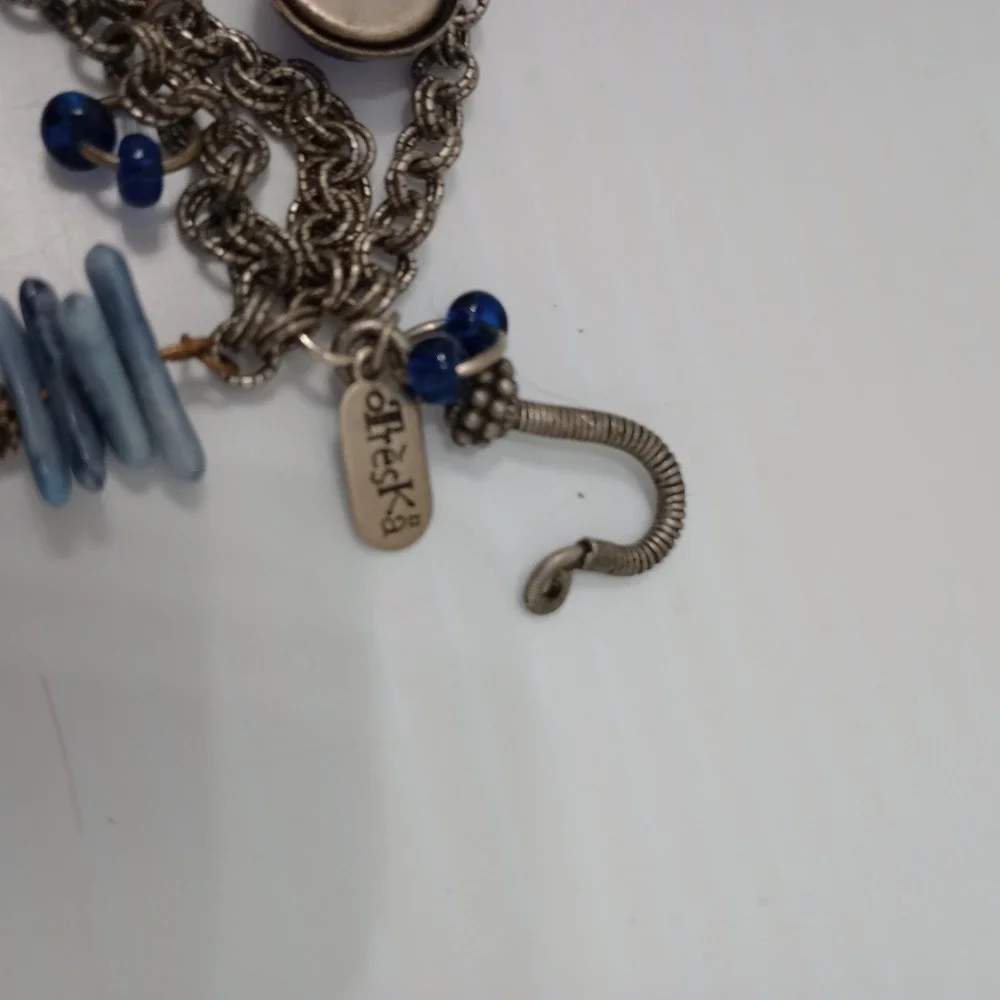 Treska Multi Strand Blue Glass Charm Necklace Silver Tone Signed